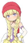  bangs blonde_hair blunt_bangs blush braid commentary_request dragon_quest dragon_quest_xi elbow_gloves gloves hand_on_hip hat highres long_hair looking_at_viewer miniskirt purple_eyes purple_shirt red_hat shirt simple_background skirt solo standing twin_braids upper_body veronica_(dq11) white_background white_gloves yakihebi yellow_skirt 