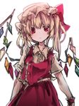  arms_at_sides bangs blonde_hair bonnet bow brown_shirt commentary_request diamond_(symbol) dress_shirt flandre_scarlet hair_between_eyes hair_bow hat long_hair looking_at_viewer red_bow red_skirt sato_imo shirt short_sleeves simple_background skirt skirt_set solo touhou translation_request white_background wrist_cuffs 