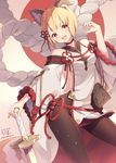  :3 :d animal_ears blonde_hair blush braid breasts brown_eyes dated detached_sleeves dog_ears dutch_angle granblue_fantasy hair_ribbon hand_up head_tilt highres holding holding_sword holding_weapon legs_apart long_sleeves looking_at_viewer open_mouth pantyhose red_ribbon ribbon rope shimenawa shiny shiny_hair short_hair shoulder_cutout side_braid sideboob signature small_breasts smile solo standing sword tabard tareme twitter_username unsheathed vajra_(granblue_fantasy) weapon wide_sleeves yoshino_ryou 