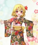  :d alternate_costume black_kimono black_ribbon blonde_hair blush cowboy_shot eyebrows_visible_through_hair floral_background floral_print gradient gradient_background hair_ribbon japanese_clothes kimono long_sleeves looking_at_viewer multicolored multicolored_clothes multicolored_kimono obi open_mouth outstretched_arms print_kimono red_eyes ribbon rumia sash short_hair smile solo spread_arms spread_fingers tareme teoi_(good_chaos) touhou wide_sleeves 