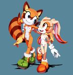  2018 anthro blue_eyes breasts clitoris clothing cream_the_rabbit duo female flat_chested footwear goshaag lagomorph mammal marine_the_raccoon navel nipples nude procyonid pussy rabbit raccoon shoes sonic_(series) young 