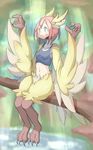  4139 animal_ears blue_eyes blush branch breasts claws feathered_wings feathers harpy head_feathers head_wings highres midriff monster_girl open_mouth original pink_hair pond sitting small_breasts solo talons winged_arms wings yellow_feathers 