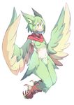  4139 animal_ears blush breasts claws feathered_wings feathers green_feathers green_hair green_wings harpy highres midriff monster_girl navel original pointy_ears scarf simple_background small_breasts smile solo tail_feathers talons winged_arms wings yellow_eyes yellow_feathers 
