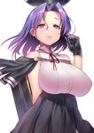  arm_behind_back bare_shoulders black_gloves black_skirt breasts eyebrows eyebrows_visible_through_hair eyelashes funaya_(a2brasd) gloves hair_intakes high-waist_skirt highres kantai_collection large_breasts mechanical_halo palms parted_lips pink_lips pleated_skirt purple_eyes purple_hair raised_eyebrows red_ribbon remodel_(kantai_collection) revision ribbon shiny shiny_hair shirt short_hair simple_background skirt sleeveless sleeveless_shirt smile solo tatsuta_(kantai_collection) taut_clothes upper_body white_background white_shirt wind 