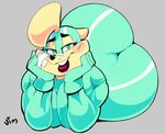  anthro big_breasts big_butt breasts butt canine clothing dog female green_eyes half-closed_eyes hi_res huge_butt lipstick looking_at_viewer lying makeup mammal mask on_front seductive simple_background solo superhero superhero_dog_(vimhomeless) vimhomeless voluptuous wide_hips 