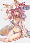  animal_ears bikini blue_bikini breasts cleavage ears_through_headwear fate/grand_order fate_(series) fox_(770205490) fox_ears fox_tail grey_background hat highres large_breasts long_hair looking_at_viewer navel open_mouth pink_hair ribbon side-tie_bikini simple_background sitting solo sun_hat swimsuit tail tamamo_(fate)_(all) tamamo_no_mae_(swimsuit_lancer)_(fate) white_hat yellow_eyes 