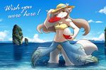  2017 anthro ball beach_ball bikini canine clothed clothing cloud ears_back english_text female frisbee fur grey_hair hair hair_over_eye hat hi_res holding_object keidran long_hair looking_at_viewer mammal midriff object_in_mouth raine_(twokinds) sea skimpy sky smile solo swimsuit text tom_fischbach twokinds water webcomic white_fur wolf yellow_eyes 