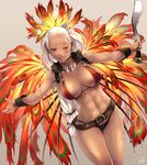  amazon armpits bangle bare_shoulders belt bikini black_bikini_bottom bracelet breasts brown_background cleavage closed_mouth cowboy_shot dark_skin earrings facial_scar fate/grand_order fate_(series) feathers forehead fur_trim hair_feathers highres holding holding_weapon hoop_earrings jewelry knife kukri large_breasts lips long_hair looking_at_viewer low-tied_long_hair mismatched_bikini navel necklace outstretched_arms ponytail re_lucy red_bikini_top red_eyes scar scar_across_eye shiny shiny_skin simple_background solo spread_arms standing stomach swimsuit thighs toned tooth_necklace very_long_hair weapon 