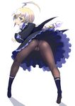  ahoge ass bent_over blazblue blonde_hair blue_eyes boots braid breasts detached_sleeves es_(xblaze) from_behind full_body highres huge_ahoge johan_(johan13) kneepits large_breasts long_hair looking_at_viewer looking_back panties panties_under_pantyhose pantyhose single_braid solo standing underwear upskirt xblaze xblaze_code:_embryo 