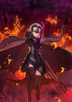  ahoge akamiso_(k074510) armor armored_dress banner black_dress black_legwear cape dress eyebrows_visible_through_hair fate/grand_order fate_(series) fire fur_trim gauntlets hair_between_eyes highres holding holding_sword holding_weapon jeanne_d'arc_(alter)_(fate) jeanne_d'arc_(fate)_(all) long_hair looking_at_viewer outdoors short_dress silver_hair smile solo standing sword thighhighs weapon yellow_eyes zettai_ryouiki 