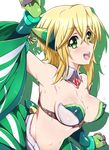  akatsuki_kirika arm_up armpits bandeau bare_shoulders blonde_hair breasts commentary_request covered_nipples detached_collar elbow_gloves eyebrows_visible_through_hair gloves green_eyes hair_between_eyes headgear highres looking_at_viewer medium_breasts navel niko_(tama) open_mouth ribs senki_zesshou_symphogear senki_zesshou_symphogear_xd_unlimited shiny shiny_clothes shiny_hair shiny_skin short_hair simple_background solo striped sweat teeth white_background 
