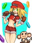  animal bare_legs blonde_hair breasts brown_gloves cabbie_hat commentary dakusuta gem gloves green_eyes hair_between_eyes hat highres legs_together long_hair mechanic midriff monkey open_mouth red_hat red_shorts rockman rockman_dash roll_caskett short_shorts short_sleeves shorts small_breasts smile solo_focus spiked_hair underboob wrench 