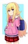  :| ahoge aqua_background bag blonde_hair blue_eyes bow bowtie carrying_bag carrying_over_shoulder closed_mouth commentary cowboy_shot eyebrows_visible_through_hair fr33 gabriel_dropout hair_flaps hand_in_pocket highres hood hoodie long_hair messy_hair open_collar pink_hoodie pleated_skirt school_bag skirt solo tenma_gabriel_white 