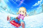  blonde_hair blush green_eyes idolmaster idolmaster_cinderella_girls idolmaster_cinderella_girls_starlight_stage jacket kozue_yusa long_hair sky smile snow snowmobile winter 