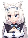  animal_ears artist_name bangs bell blue_eyes blue_neckwear blunt_bangs bow bowtie cat_ears cleavage_cutout commentary cowfee eyebrows_visible_through_hair hair_ribbon jingle_bell light_smile long_hair looking_at_viewer low_twintails maid maid_headdress name_tag nekopara puffy_short_sleeves puffy_sleeves ribbon short_sleeves simple_background slit_pupils solo twintails upper_body vanilla_(sayori) watermark white_background white_hair 