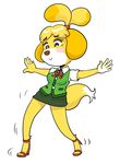  2017 5_fingers animal_crossing bishopbb breasts canine clothing digital_media_(artwork) dog dress female footwear fur high_heels isabelle_(animal_crossing) looking_down mammal nintendo pose shoes simple_background smile solo standing video_games white_background yellow_fur 