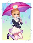  4_am :d absurdres antenna_hair brown_hair cardcaptor_sakura green_eyes highres kinomoto_sakura mary_janes open_mouth shoes short_hair smile solo tomoeda_middle_school_uniform umbrella 