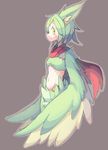  4139 animal_ears blush breasts feathered_wings feathers green_feathers green_hair green_wings harpy highres looking_to_the_side midriff monster_girl original scarf small_breasts solo winged_arms wings yellow_eyes yellow_feathers 