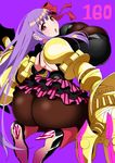  ass blush breasts claws fate/extra fate/extra_ccc fate/grand_order fate_(series) hair_ribbon high_heels highres huge_breasts kneeling komusou_(jinrikisha) long_hair looking_at_viewer looking_back open_mouth pantyhose passion_lip purple_hair ribbon skirt thighhighs 