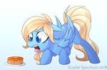  2018 bent_over blonde_hair blue_background blue_eyes butter cute disgusted equine eyelashes fan_character feathered_wings feathers female food full-length_portrait gradient_background hair lusty_symphony mammal maple_syrup my_little_pony open_mouth pancake pegasus plate portrait scarlet-spectrum scrunchy_face simple_background solo standing teeth tongue tongue_out wings 
