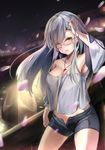  absurdres bare_shoulders boat breasts casual cherry_blossoms cleavage collarbone commentary_request cowboy_shot cross cross_necklace eyebrows_visible_through_hair floating_hair girls_frontline glasses hair_ornament hairpin hand_up highres hk416_(girls_frontline) jewelry legs_apart long_hair medium_breasts midriff necklace night night_sky off-shoulder_shirt outdoors parted_lips purple-framed_eyewear river septet_(zrca_janne) shirt short_shorts shorts silver_hair sky solo unbuttoned water watercraft yellow_eyes 
