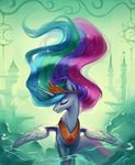  2018 building castle crescent_moon crown detailed_background equine eyelashes eyes_closed feathered_wings feathers female friendship_is_magic full-length_portrait hair hi_res horn long_hair luciferamon mammal mist moon multicolored_hair my_little_pony nude portrait princess_celestia_(mlp) rainbow_hair smile solo sparkles sun winged_unicorn wings 