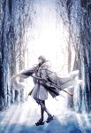  abandon_ranka black_gloves gloves highres hood japanese_clothes katana male_focus partly_fingerless_gloves pom_pom_(clothes) sheath sheathed snow sword touken_ranbu tree tsurumaru_kuninaga weapon white_hair winter yellow_eyes 