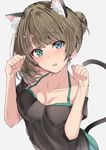  :o animal_ears bangs bare_shoulders black_shirt blue_eyes blunt_bangs blush bra bra_strap breasts cat_ears cat_tail cleavage cure_slum extra_ears eyebrows_visible_through_hair green_bra green_eyes green_hair hair_bun hands_up heterochromia idolmaster idolmaster_cinderella_girls kemonomimi_mode looking_at_viewer medium_breasts mole mole_under_eye off-shoulder_shirt open_mouth paw_pose shirt short_hair short_sleeves solo tail takagaki_kaede tareme underwear upper_body 