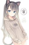  :&lt; animal_ears bangs blue_eyes capriccio cat_ears cat_girl cat_tail closed_mouth clothes_tug commentary_request eyebrows_visible_through_hair fake_animal_ears grey_hoodie hair_ornament hairclip hood hood_down hoodie long_hair long_sleeves looking_at_viewer ochi_ripca original sidelocks signature silver_hair simple_background solo spoken_paw_print tail very_long_hair white_background 
