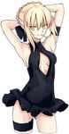  arm_strap armpits arms_behind_head artoria_pendragon_(all) artoria_pendragon_(swimsuit_rider_alter) ass_visible_through_thighs bangs bare_arms bare_shoulders black_ribbon black_swimsuit blonde_hair blush breasts breasts_apart casual_one-piece_swimsuit cleavage_cutout contrapposto covered_navel cowboy_shot cropped_legs fate/grand_order fate_(series) groin hair_ribbon highres looking_at_viewer medium_breasts mouth_hold one-piece_swimsuit popsicle_stick ribbon short_hair sidelocks simple_background solo standing swimsuit swimsuit_skirt thigh_strap tsurime white_background yellow_eyes yuchio 