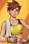  bottle brown_hair commentary earrings freckles hand_on_hip highres jewelry looking_at_viewer navel overwatch sciamano240 smile solo spiked_hair sports_bra stomach toned towel towel_on_one_shoulder tracer_(overwatch) upper_body water_bottle wristband 