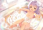  :d amacha azur_lane bangs barefoot bath bathing bathtub blush breasts bubble cleavage collarbone commentary_request eyebrows_visible_through_hair hair_bun indoors long_hair looking_at_viewer medium_breasts nude one_side_up open_mouth outstretched_arms partially_submerged purple_eyes purple_hair rubber_duck side_bun smile solo tile_wall tiles unicorn unicorn_(azur_lane) water window wings 