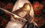  abandon_ranka blonde_hair camellia flower green_eyes hood katana male_focus necktie sword touken_ranbu upper_body weapon yamanbagiri_kunihiro 