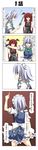  4koma absurdres apron ass bow braid breasts clenched_hand closed_eyes comic dying_message eighth_note eyebrows_visible_through_hair gameplay_mechanics grey_eyes gundam gundam_tekketsu_no_orphans hair_between_eyes hair_bow head_wings highres holding holding_knife izayoi_sakuya juliet_sleeves knife knifed koakuma long_hair long_sleeves lying maid maid_apron maid_headdress multiple_girls musical_note necktie on_stomach open_mouth power-up puffy_sleeves rappa_(rappaya) red_eyes red_hair sidelocks silver_hair smile touhou translated twin_braids white_background 