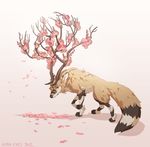  ambiguous_gender antlers aspeneyes black_markings canine cherry_blossom feral fur gradient_background horn looking_at_viewer looking_back mammal markings plant plant_antlers side_view simple_background solo standing stripes tan_fur white_markings wolf 