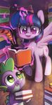  2017 book celebi-yoshi cute cute_fangs cutie_mark dragon duo equine eyelashes fangs feathered_wings feathers female friendship_is_magic full-length_portrait green_eyes hair holding_object horn inside levitation loose_feather magic makeup male mammal mascara multicolored_hair my_little_pony nude open_mouth open_smile portrait purple_eyes quill slit_pupils smile sparkles spike_(mlp) text tongue twilight_sparkle_(mlp) watermark winged_unicorn wings wood wood_floor 