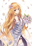  absurdres armor armored_dress bangs bare_shoulders blonde_hair blue_eyes bouquet breasts chain collar dress eyebrows_visible_through_hair fate/grand_order fate_(series) faulds flower from_side fur-trimmed_legwear fur_trim gauntlets hair_flower hair_ornament highres holding holding_bouquet jeanne_d'arc_(fate) jeanne_d'arc_(fate)_(all) long_hair looking_at_viewer looking_to_the_side medium_breasts petals shiny shiny_hair simple_background sleeveless sleeveless_dress solo standing straight_hair thighhighs usagi_an very_long_hair white_background white_dress white_flower white_legwear 