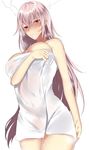  alternate_hairstyle arm_at_side bangs bare_shoulders blush breast_hold breasts closed_mouth covered_navel cowboy_shot embarrassed eyebrows_visible_through_hair fate/grand_order fate_(series) florence_nightingale_(fate/grand_order) from_below fume hair_down highres large_breasts long_hair looking_at_viewer looking_down naked_towel nose_blush onineko-chan shiny shiny_hair shiny_skin simple_background solo standing straight_hair thighs towel very_long_hair water_drop wet wet_hair white_background 