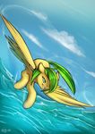  blue_eyes day detailed_background equine fan_character feathered_wings feathers female feral green_hair hair hi_res hooves mammal my_little_pony nude outside pegasus rain-gear sky smile solo water wings 
