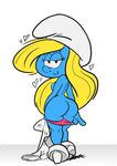  &lt;3 bedroom_eyes big_butt blonde_hair blue_skin breasts butt clothing female glamorous_love hair half-closed_eyes humanoid looking_back nipples not_furry panties panties_down seductive simple_background smurf smurfette solo the_smurfs underwear undressing white_background 
