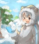  :d alternate_costume blue_sky breath cloud day fang fur-trimmed_hood fur_trim gloves highres hood kajitsu_ohima kemono_friends looking_at_viewer multicolored_hair open_mouth outdoors parka sky small-clawed_otter_(kemono_friends) smile snow snowball solo tree zipper_pull_tab 