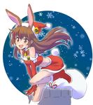  animal_ears boots brown_eyes brown_hair bunny_ears bunny_girl bunny_tail chimney christmas dress hat highres iesupa long_hair rwby sack santa_boots santa_costume santa_hat snowflakes snowing solo strapless strapless_dress tail velvet_scarlatina 