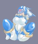  1girl alternate_breast_size android blue_eyes blush bodysuit boots bracelet breasts capcom erect_nipples full_body grey_background heels helmet high_heels large_breasts legs_up leviathan_(rockman) open_mouth rockman rockman_zero simple_background solo spread_legs thick_legs thick_thighs thigh_boots thighhighs undressing unk 
