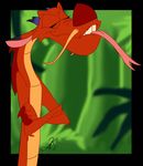  2011 anthro black_border border crossed_arms digital_media_(artwork) disney dragon eastern_dragon elbow_tufts eyes_closed forked_tongue hi_res mulan_(copyright) mushu nookawolf reaction_image red_nose red_scales scales signature solo tongue tuft 