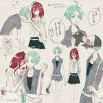  ahoge alternate_costume androgynous bag baseball_cap belt blush contemporary drink green_eyes green_hair hat holding_hands houseki_no_kuni k22968982 kiss multiple_others overalls phosphophyllite red_eyes red_hair shinsha_(houseki_no_kuni) short_hair shorts translation_request 