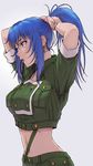  adjusting_hair arms_up blue_eyes blue_hair breasts cropped_jacket earrings hair_tie hair_tie_in_mouth highres jewelry large_breasts leona_heidern lips long_hair midriff mouth_hold nigou solo suspenders the_king_of_fighters tying_hair 