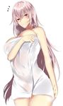  1girl alternate_hairstyle arm_at_side bangs bare_shoulders breast_hold breasts closed_mouth covered_navel cowboy_shot eyebrows_visible_through_hair fate/grand_order fate_(series) florence_nightingale_(fate/grand_order) from_below hair_down highres large_breasts long_hair looking_at_viewer looking_down naked_towel onineko-chan shiny shiny_hair shiny_skin simple_background solo standing straight_hair thighs towel very_long_hair water_drop wet wet_hair white_background 