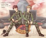  a-chako ace_combat ace_combat_zero aircraft airplane blonde_hair brown_eyes brown_hair cipher_(ace_combat) cloud cloudy_sky commentary_request crossed_legs f-15_eagle fighter_jet flag galm_team helmet jet larry_foulke military military_uniform military_vehicle multiple_boys pilot pilot_helmet pilot_suit red_eyes red_sky short_hair sitting sky smile smug uniform 