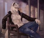  2018 abs anthro athletic canine chair chunie cigarette claws clothed clothing digital_media_(artwork) fur grin hair hi_res jacket jeans leather leather_jacket looking_at_viewer male mammal navel nipples open_jacket pants partially_clothed pecs sitting smile smoking solo tattoo teeth torn_clothing torn_jeans torn_pants white_fur wolf yellow_eyes 