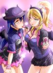  2girls ayase_eli bangs blonde_hair blue_eyes blue_hair blush breasts cleavage commentary_request demon_horns demon_wings hair_between_eyes hat headband horns lipstick long_hair looking_at_another love_live! love_live!_school_idol_festival love_live!_school_idol_project makeup medium_breasts multiple_girls necktie open_clothes open_mouth pink_neckwear pleated_skirt ponytail scrunchie skirt sonoda_umi striped urutsu_sahari white_scrunchie wings yellow_eyes 
